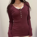 Lace Trim Rib Long Sleeve Slim Tee-Outfit