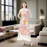 Fongt Women's Dress 2025 Holiday Style Suit Collar Sleeveless Lace Floral Print Long Dress