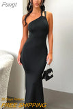 Sexy Black Maxi Dress One Shoulder Sleeveless Pleated Long Summer Dress Elegant Party Evening Porm Dresses for
