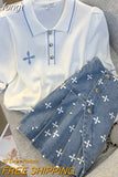 Women High Quality Summer 2-piece Set O-Neck Black Short Sleeve Knit Tops+Blue Printed Denim Mini Skirt Suit Female