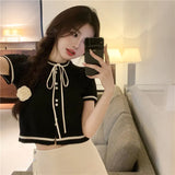 Fongt Fragrant Neckline With Black Thin Knitted Short-Sleeved T-Shirt For Women 2023 New Summer Short Ice Silk