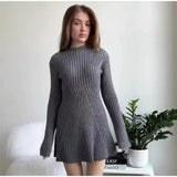 Women Elegant Solid Knitted Mini Dress Fashion Long Sleeve O Neck Ribbed Dresses 2023 Autumn Winter Female Streetwear Robes-Outfit