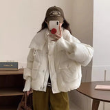 Knit Sleeve Advanced Sense Down Jacket Women's 2024 Winter New Thread Sleeve Standing Collar Warm White Duck Down Short Bread Clothing-Outfit