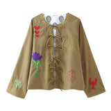 Fongt 2024 New Women's Fashion Casual Versatile Lace-Up Embroidered Long Sleeve Coat-Outfit