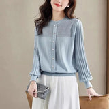 Clothing Fashion Hollow Out Blouse Korean Solid Color Spring Autumn Commute Button Loose Casual Round Neck Knitted Shirt-Outfit