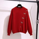 Fongt New Year Red Sweater Female 2024 New Korean Version Loose Sweet Bow Knot Pin Button Round Collar Top-Outfit