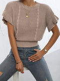 Fongt New Twisted Rope Flounce Short Sleeve Round Collar Knit Sweater Women Top-Outfit
