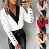 Wise Popular Autumn Fashion V-Neck Solid Color Long Sleeve Button Women's Shirt-Outfit