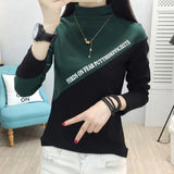 High Collar All-match Slim Thick Tops Female Autumn Winter Spliced Printed Long Sleeve Pullovers T-shirt Women's Clothing-Outfit