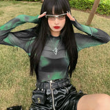 New Sweet And Cool Gradient Dizzying Mesh Printing Micro-Permeable Long-Sleeved Top