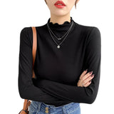 Half-High Collar Bottomed Shirt Women Wear A New White Long-Sleeved T-Shirt With Western Style Agaric