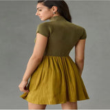 Fongt Parquet Small Turtleneck Dress Short Sleeve Pleated Knit Elegant Pure Color Slim Mini Dress Woman-Outfit