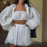Fongt Women's Wear 2023 New Summer Long-Sleeved White Shirt Loose Suit Strapless High-Waisted Shorts Three-Piece Set-Outfit