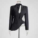 Fongt Niche Style Suit Women's Clothing 2025 Autumn And Winter New Asymmetrical Hollow Bare Waist Repair Small Suit Jacket Woman