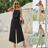 Fongt Fashion Casual Women's 2024 New Solid Color Sling Waist Wide Leg Jumpband-Outfit