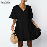 Flounce Dress Women's Summer Sundress 2022 ZANZEA Casual Ruffle Mini Vestidos Female V Neck Robe