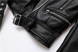 Fongt and Autumn 2023 New faux leather PU jacket with belt women's lapel motorcycle jacket black zip biker jacket 1215-1-Outfit