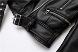 Fongt and Autumn 2023 New faux leather PU jacket with belt women's lapel motorcycle jacket black zip biker jacket 1215-0-Outfit