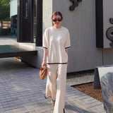 Fongt Fashion Suit Temperament Bumpy Open Fork Short-Sleeved Knit Shirt High Waist Thin Leg Trousers Two Sets