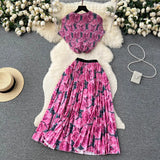 Blooming Printed Skirt Suit Women's New Thread Temperament Half-high Collar Top + Pleated Skirt Two-piece Set-Outfit