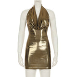 Gold Metallic Halter Backless Mini Dress-Outfit