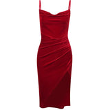 Retro White And Red Forked Suspenders Dress Temperament Slim Socialite Style Long Skirt-Outfit
