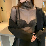 Mesh Blouses Tees Female Autumn Transparent Full Sleeve Elegant Stretchy Turtleneck Shirts Tops Undershirts For Women-Outfit