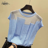 Patchwork Ice Silk Knitted Tops Blusas Mujer De Moda Women O-neck Short Sleeve Pullover Fashion Thin Blouse Blusas