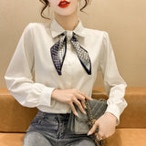 Fongt Shot Spring New Tie Foreign Style Bow Chiffon Shirt Long Sleeve Shirt Female Jacket Occupation-Outfit
