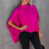 New Women's Fashion Round Collar Loose Bat Sleeve Round Collar Shirt-Outfit