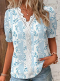Wise Hot Style Summer V-Neck Lace Splicing Printed Shirt Shirt Women's Clothing-Outfit