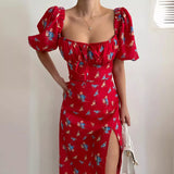 Fongt Women's Clothing 2026 Summer Bubble Sleeves Slim Sexy Thin Side Open-Print Dress Women