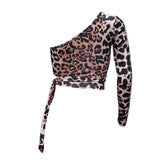 Fongt 156 Spot 2023 New Leopard Print Crop Sexy Lace Slim Inclined Shoulder T-Shirt Top Women-Outfit