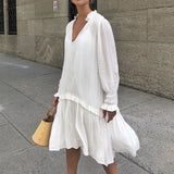 Ruffle Midi Dress Women's Summer Sundress ZANZEA Casual Puff Sleeve Patchwoek Vestidos Female V Neck