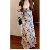 Fongt Chinese Ink Butterfly Print Sling Dress Summer Women's Holiday Style Body Bagg Hip Dress Chiffon