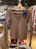 Women Cotton Brown Floral Printed Tees 2023 Fall Vintage O Neck Long Sleeves Front Buttons T-shirts Female Chic Tops-Outfit