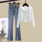 Fongt Slim Hot Girl Top With A Two-Piece Set With Slit Jeans-Outfit