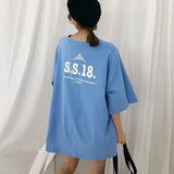 oversized Tshirt Simple letter print Basic T Shirt Women Casual blue Tops Loose White Summer Short Sleeve long