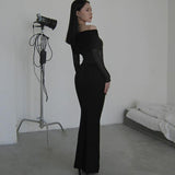Fongt Autumn Famous Style Temperament Sexy Body Shoulder Mesh Stitching Dress