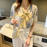 Chiffon Women's Blouses New Casual Fashion Short Sleeve Top Printing Bow Tie V-neck Shirt Summer Lady