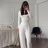 Fongt Summer New Women's Round Neck Solid Color Wide Leg Pants Commuting Leisure Suit Women