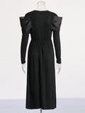 Fongt Temperament Dress Women 2025 Spring New Round Neck Mesh Stitching Design Black Long Sleeve Dress