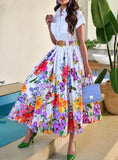 Fongt Shirt Collar Large Hem Positioning Floral Print Short Sleeve Button Dress Belt