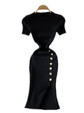 Fongt Version Of The Solid Color Collar Buckle Body Short Sleeve Elastic Knitted Forked And Left-Sleeved Dress 0022