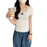 New Pure Lust Lace Lace Short Sleeve Slim T-Shirt Thin Bow Design Short