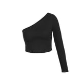 Fashion Crop Top Women Summer One Shoulder Long Sleeve Ribbed Knit T-shirts Solid Slim Stretch Pullovers Slim Short
