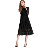 Fongt 2025 New Women's Dress Round Collar Hollow Simple Lace Long Sleeves Medium Long