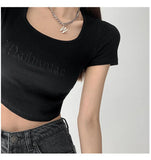 Fongt Letter Embroidered Slim Bottom Shirt Square Collar Low Breast Collarbone Short-Sleeve T-Shirt Midcrop High Waist
