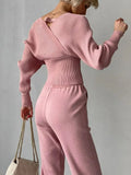 Women Knitted Suits Long Sleeve Casual Ribbed Cropped Pullover Tops and Pencil Pants Two Piece Set Elegant Tracksuit for Women-Outfit