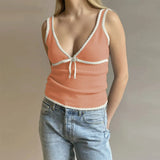 Deep V-Neck White Seam Top-Outfit
